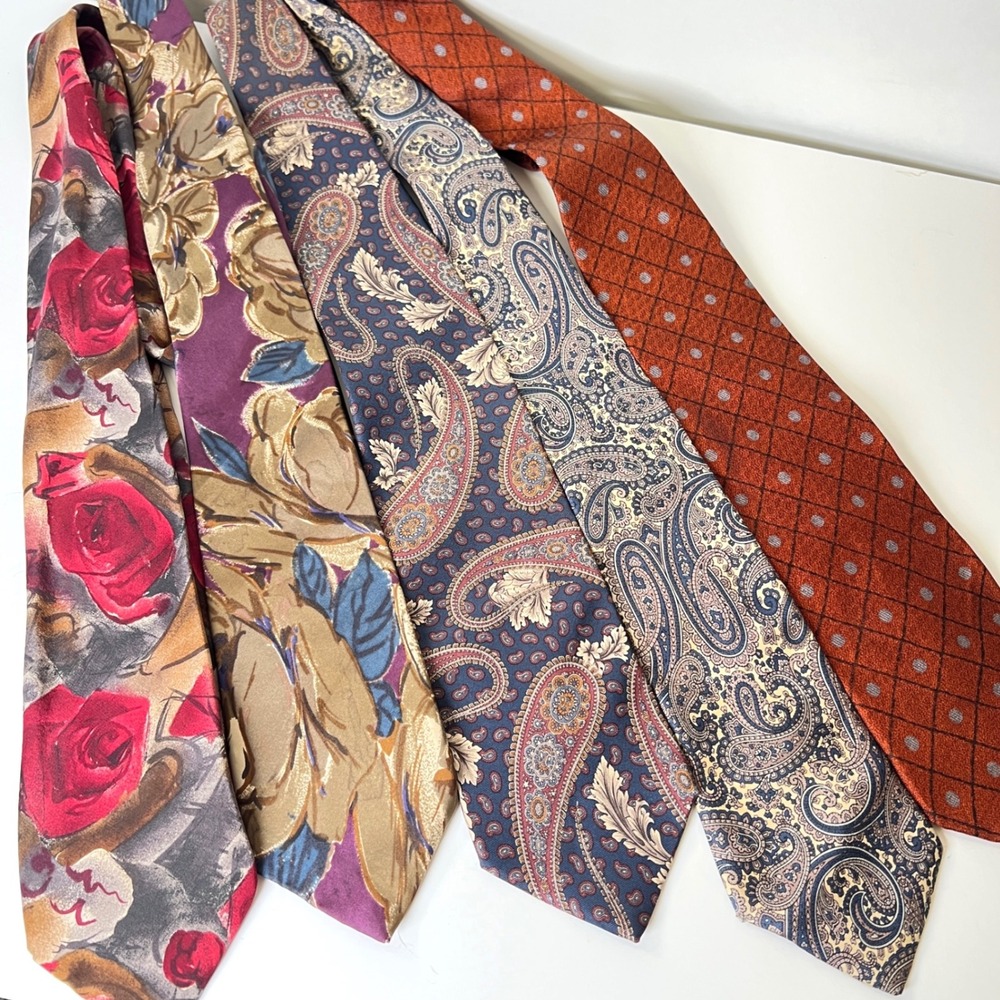 Assorted Mens Vintage Tie Lot 5pc 100% Silk Floral Paisley Geometric Patterns